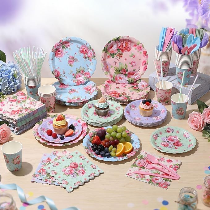 450 Pcs Vintage Floral Tableware Set Tea Party Decorations Floral Paper Plates Disposable Napkins Cups Cutlery Straws for Tea Party Birthday Baby Bridal Shower Wedding Supplies, Serves 50