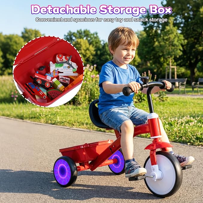 BABY JOY Toddler Tricycle, Kids Trike with Glowing Rear Wheels, Adjustable Seat, Detachable Pedals & Storage Box for Boys and Girls Indoor Outdoor Riding, Baby Balance Bike for 3-5 Years Old (Red)