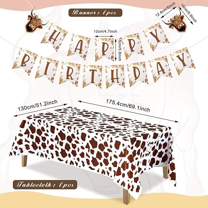 Highland Cow Birthday Party Decorations Cute Boho Cow Party Supplies with Retro Floral Birthday Banner Hanging Swirls Cattle Cake Toppers Balloons Tablecloth for Girls Boys