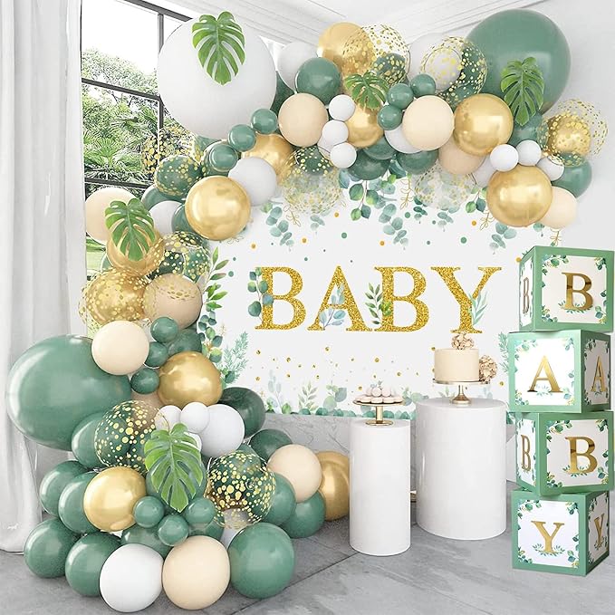 Sage Green Baby Shower Decorations 125PCS Green Balloon Arch Kit, Balloon Boxes, Backdrop for Woodland Jungle Theme Baby Shower Decor Gender Reveal Birthday Party Supplies