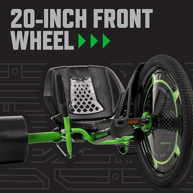 Huffy Green Machine 20 Inch Drift Trike, Sleek Ergonomic Design, Adjustable Seat, Durable Steel Frame, Easy to Operate, Drift Trike for Kids Ages 8+, LED Light Accents, Coaster Brake, Green and Black