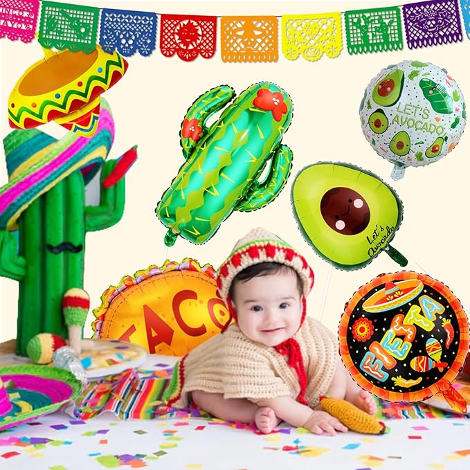 18 PCS Fiesta Party Supplies - Taco, Mexican, Cactus, Avocado, Hat Jumbo Mylar Foil Balloons - Cinco De Mayo Party Decorations