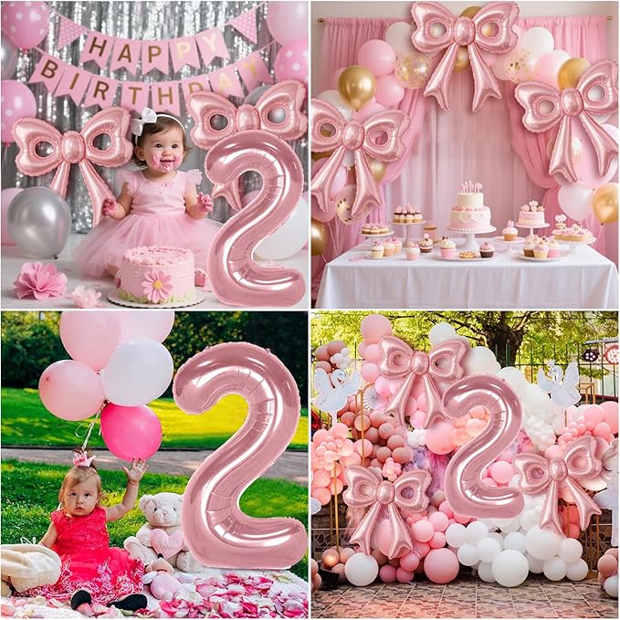 Bow Number 2 Birthday Balloons, 40” Pink Aluminum Foil Balloons Happy Birthday Balloon for Girl 2nd Birthday Party, Princess, Coquette Party Decorations Supplies