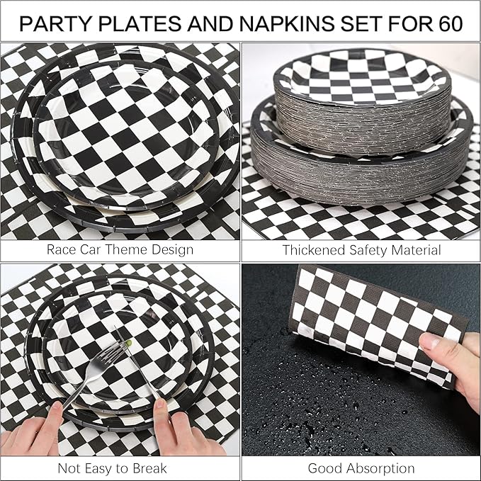 180Pcs Race Car Party Supplies Paper Plates and Napkins Serve 60 Disposable Tableware Set for Birthday Party Decorations Game Day Family Holiday Sports Events