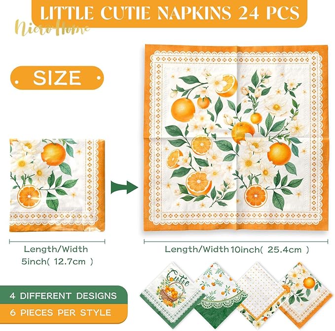 Little Cutie Baby Shower Party Supplies, 24 PCS Little Cutie Napkins Green Orange Fruit Theme Paper Napkins for Citrus Birthday Party Baby Shower Spring Summer Christmas Dinner Decoration