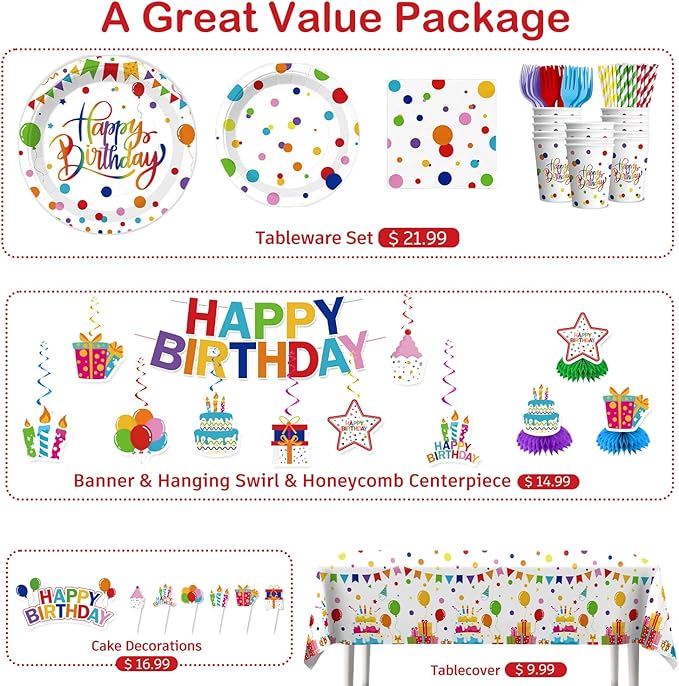 Xynic 214 PCS Colorful Happy Birthday Decorations, Colorful Dots Party Supplies With Banner, Cake Topper, Plates and Napkins, Happy Birthday Decorations for Boys and Girls, Serves 25 Guests