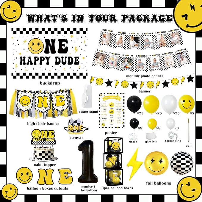 One Happy Dude Birthday Decorations,One Cool Dude 1st Party Decorations,One Happy Dude 1st Birthday Party Supplies,Dude First Backdrop Balloon Arch Garland Banner for 1st Boy