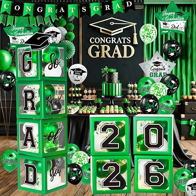 Graduation Decorations Class of 2026 - Green Graduation Decorations - Balloons Boxes with Letters 2026 GRAD So Proud of You, Congrats Grad Party Decorations for Any Grades