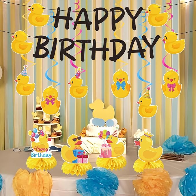 Duck Birthday Party Decorations - 18PCS Duck Party Decorations with Banner Hanging Swirls Centerpieces for Tables Duck Happy Birthday Decorations for Duck Themed Baby Shower Party Supplies