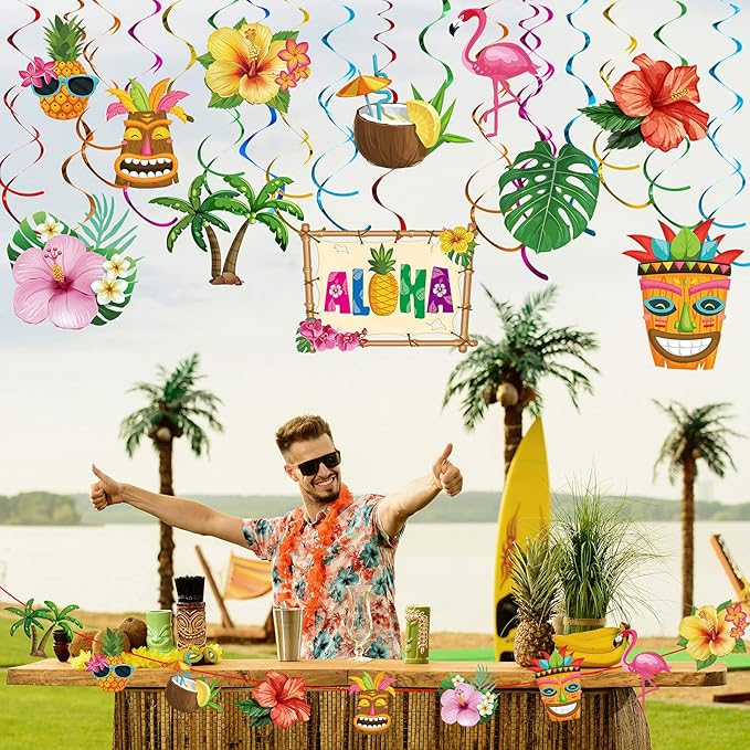 Outus 30 Pieces Hawaiian Luau Birthday Party Hanging Swirl Decorations, Flower Tropical Palm Flamingo Sign Foil Ceiling Decor for Floral Tropical Party Summer Beach Pool Tiki Supplies(Summer)