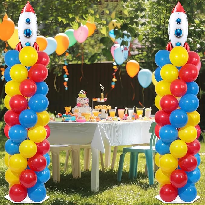 2 Sets Toy Inspired Story Balloons Column Stand Kit With 102 Rocket Foil Balloons 5.57ft Adjustable Tower Stand With Base Arch Column for Baby Shower Carton Birthday Party Supplies