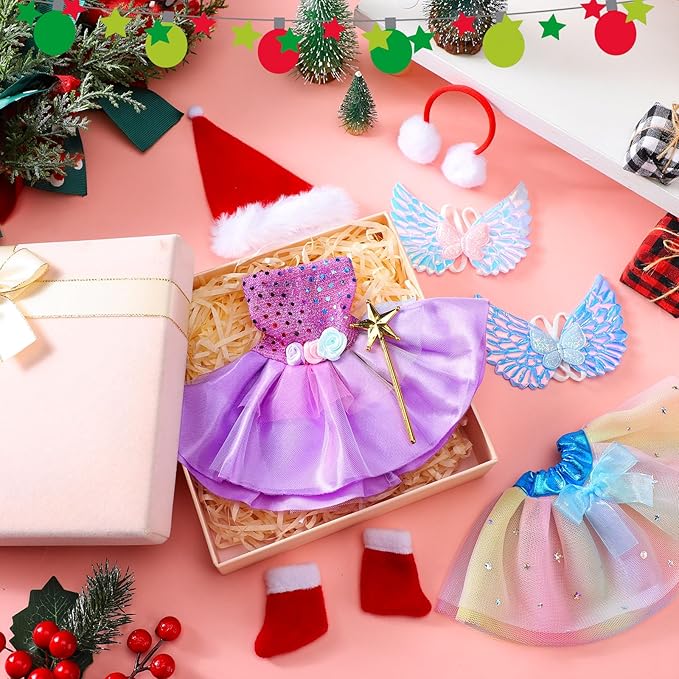 Kacctyen 18 Pcs Fairy Clothes Christmas Accessories Include Christmas Doll Dress Skirt Sleeping Bag Bathrobe Apron Chef Hat Scarf Glasses Pillow Mask Shoes Hammock Fairy Stick for Doll