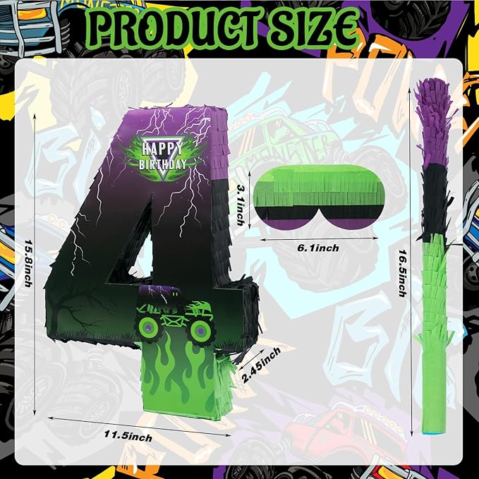 Monster Truck Car Number 4 Pinata for 4th Birthday Party Decorations, Birthday Pinata with Stick Blindfold and Confetti for Green and Purple Party Supplies Celebration (Small, 15.8 x 11.5 x 2.45 In)