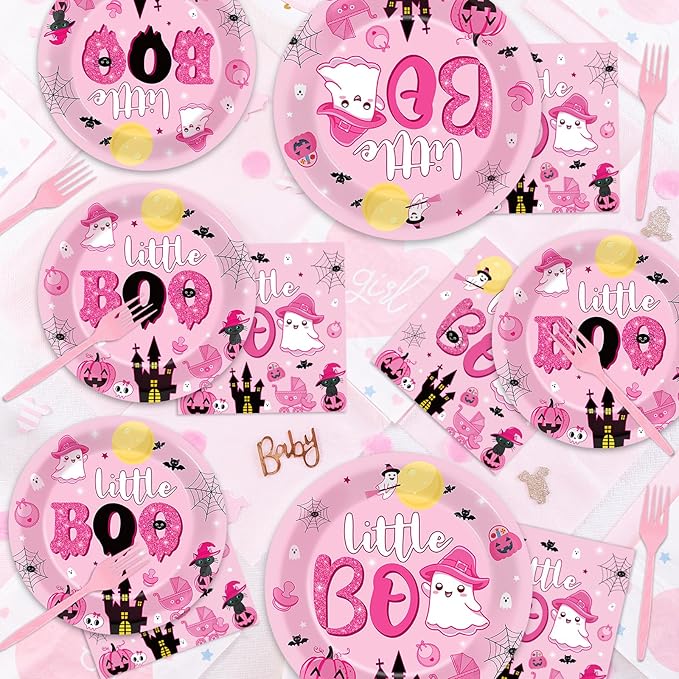 ZOIIWA 96PCS Halloween Little Boo Baby Shower Party Tableware Set for Girls Ghost Party Supplies for 24 Guests Disposable Pink and Black Boo Dinnerware Plates Napkins Forks for Halloween Party Favors