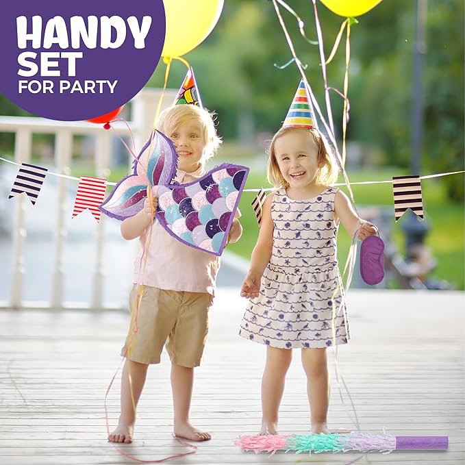 Mermaid Tail Pinatas Bundle with a Blindfold and a Bat (16.5 x 12 x 4 Inches), Perfect for kid's Birthday Parties, Mermaid Theme Parties for Girls, Decorations