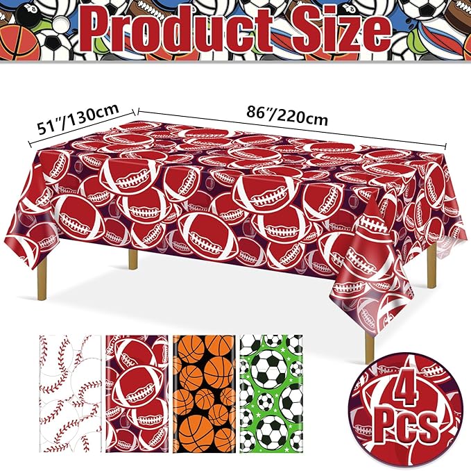 Sports Table Cloth - 4 Sports Plastic Tablecloths for Baseball Football Soccer Basketball Theme Supplies, 51 x 86 inch