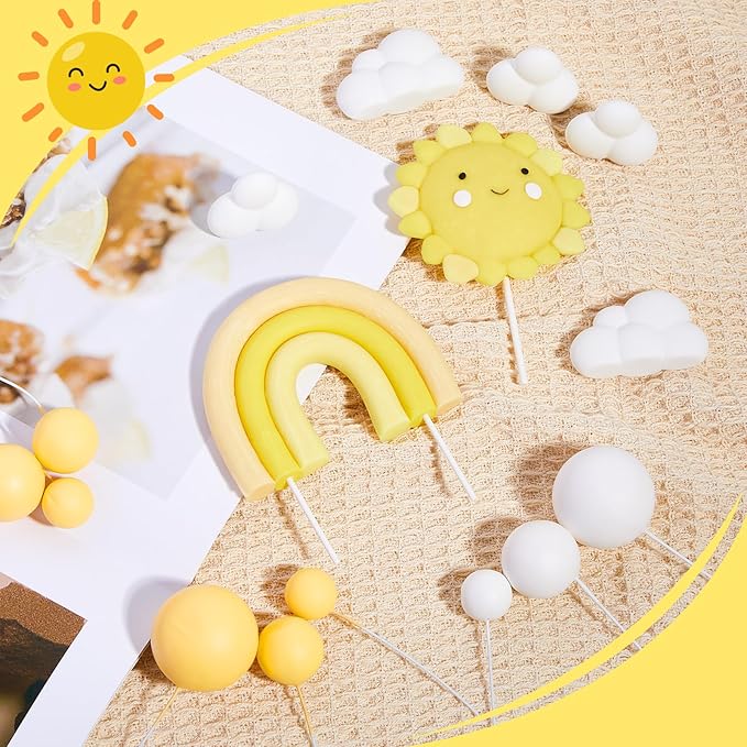 23 Pcs Sun Cake Toppers Soft Pottery with Sun Flower Smile Face Clouds Rainbow and Balls Cake Decorations for Sunshine Birthday Wedding Party Supplies