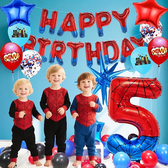 Spider Web Number 5 Balloon Birthday Decoration, Superhero Themed 40in Giant Mylar Number Party Supplies