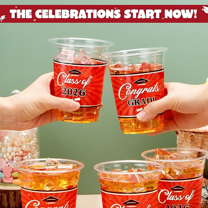 JOYIN 100 Pcs 16oz Graduation Party Plastic Cups (Red), Grad Disposable Cups for Class of 2026 Graduates, PET Cup Tableware Bulk for 2026 High School College Graduation Grad School Party Supply Decor