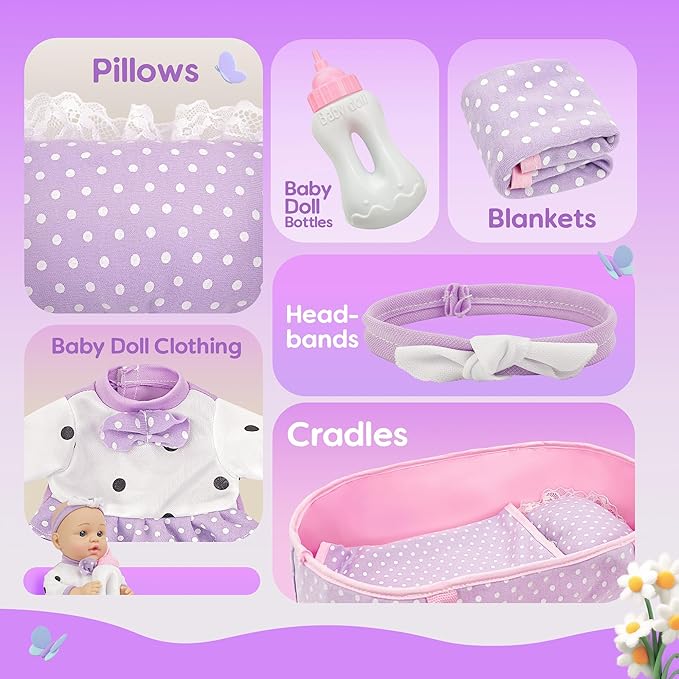 SMILESSKIDDO Baby Doll with Accessories, 12" Dolls Playset with Washable Carrier Bassinet Bed, Bottle, Blanket, and Pillow, Soft Body Baby Dolls for 2+ Year Old Girls