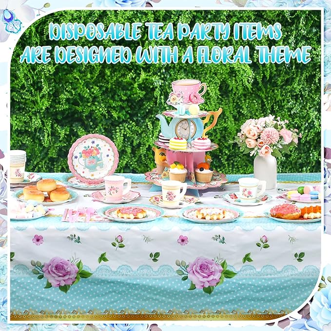 106 Pcs Tea Party Supplies for 12 Guests Include Plates Tea Cups Saucers Napkins Cupcake Stand Tablecloth Banners Floral Tea Party Tableware Set for Girls Birthday Baby Shower Party Favors
