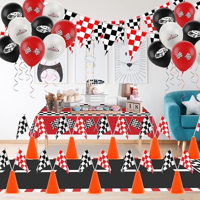 Race Car Party Decorations, Checkered Flag Party Supplies-12 Traffic Cones and 24 Racing Checkered Flags, 6.5Ft Racetrack Floor Runner and 9.8ft Banner, Tablecloth, Balloons and Ribbons