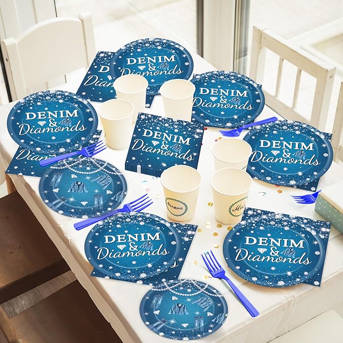 gisgfim 96Pcs Denim and Diamonds Party Plates and Napkin Party Supplies Denim Theme Party Jacket Jeans Tableware Set Crystal Paper Dinner Bachelorette Party Decorations for Wedding Serves 24