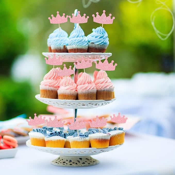Ephlyn 24Pcs Crown Cupcake Toppers Glitter Queen Crown Cupcake Picks for Queen Princess Theme Baby Shower Girls Wedding Birthday Party Cake Decorations Supplies Pink