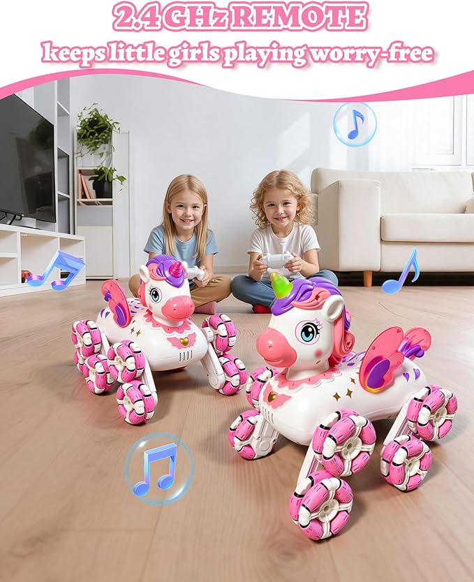 Remote Control Pink Robot Unicornios Pet - 8 Wheels Drift Race Outdoor Off-Road Car with 2.4Ghz 360°Automatic Demonstration Wings&Eyes Lights&Music, Birthday Toy Gift for 3+ Years Old Girls