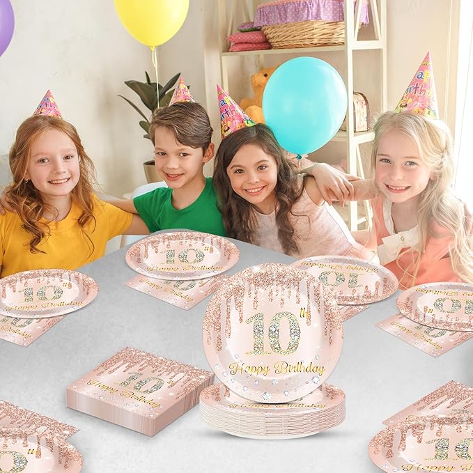 50Pcs Rose Gold 10th Birthday Party Paper Plates and Napkins Girls 7 Inch Rose Gold 10 years Old Table Decorations Happy Ten Years Old Tableware Set Serves 25 Guest Pink 10th Birthday Party Supplies
