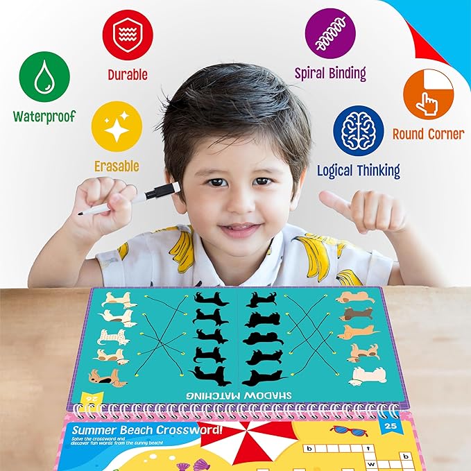 Alphabet & Numbers Handwriting Workbook, 30 Dry-Erase Activity Pages Letter and Number Tracing Practice for Preschool, Fun Mini Games Autism Busy Book for Kids, Toddlers, Educational Toy for Ages 3+