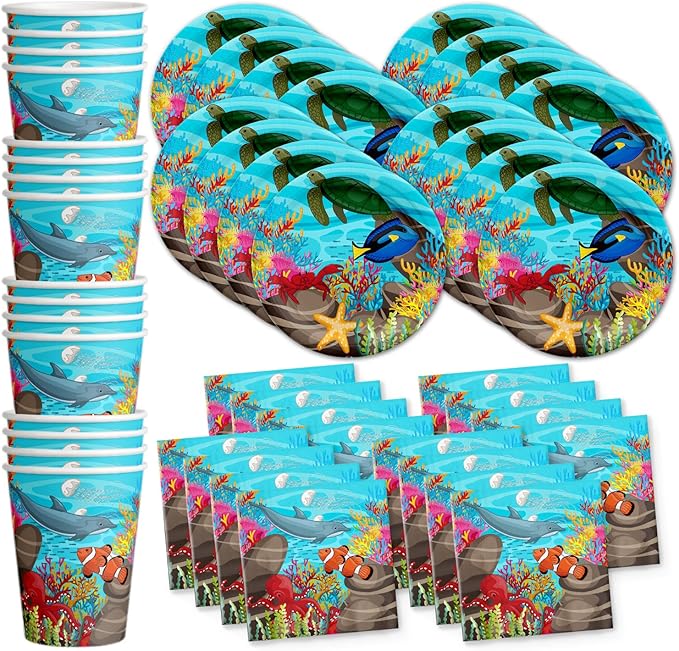 Ocean Sea Life Birthday Party Supplies Set Plates Napkins Cups Tableware Kit for 16