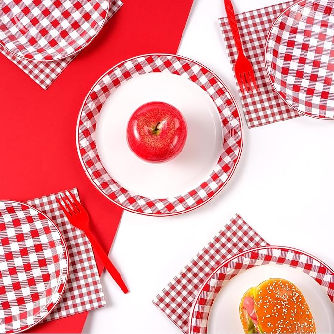 96 Pcs Red Gingham Party Decorations Red and White Buffalo Checked Plaid Plates and Napkins Disposable Gingham Tableware Sets for Summer Pizza BBQ Picnic Baby Shower Birthday Party Supplies Serves 24