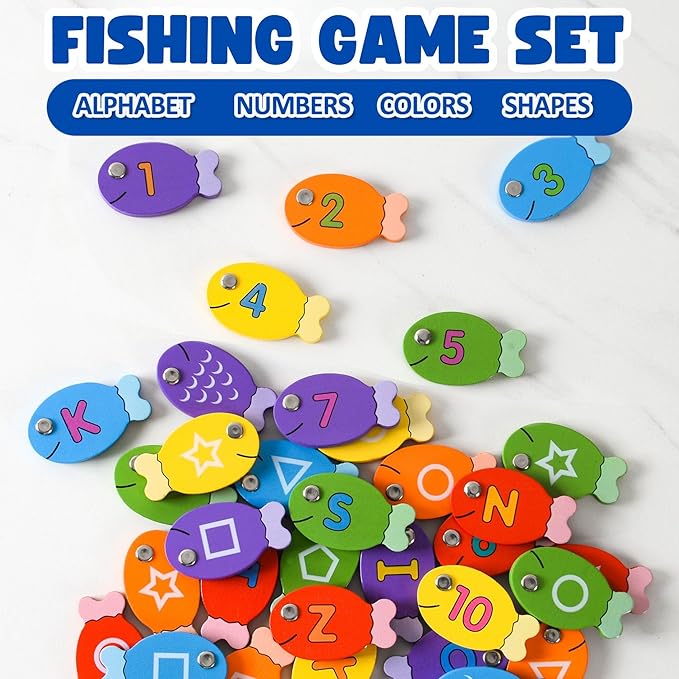 Haktoys Fishing Alphabet Game for Toddlers and Kids Learn ABCs Numbers Colors and Shapes Magnetic Fishing Toy Montessori Educational Learning Game