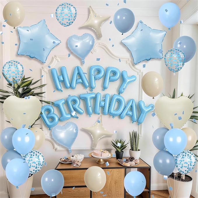 Dusty Blue Birthday Decorations for Boys Fog Baby Light Baby Blue Sand White Balloons Confetti Party Balloon Happy Birthday Banner Heart Balloons 18/10 Inch Star Balloon for Men Bday Party Supplies