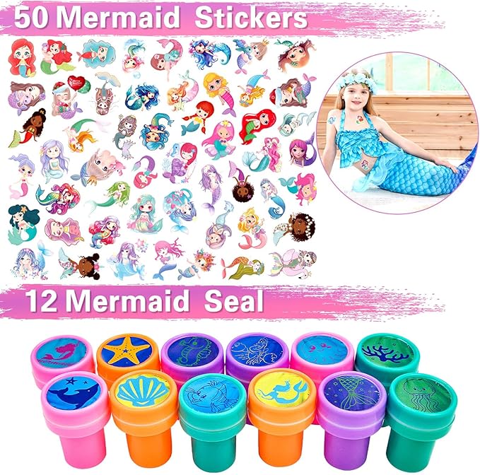 134Pcs Mermaid Party Favors Birthday Decorations for Girls, Party Supplies Include 12 Bracelet, 12 Necklace, 12 Hairpin, 12 Ring, 12 Stampers, 12 Button Pins, 12 Gift Bag, 50 Stickers