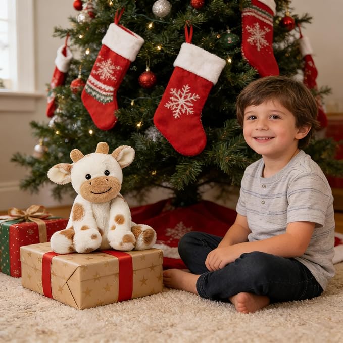 Hopearl Adorable Plush Cow Toy Floppy Dairy Cattle Soft Stuffed Animal Cute Birthday Gifts for Boys Girls Kids Toddlers, Light Brown, 9''