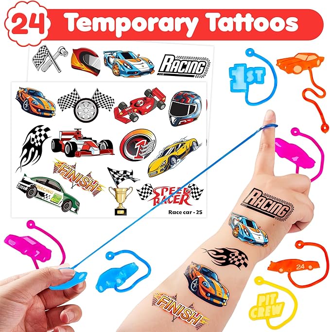 36PCS Race Car Party Favors - 24PCS Temporary Tattoos 12PCS Stick Hands Perfect Birthday Supplies for Kids Stretchy Fidget Goodie Bag Stuffers Treasure Box Toys Classroom Prizes Student Gifts