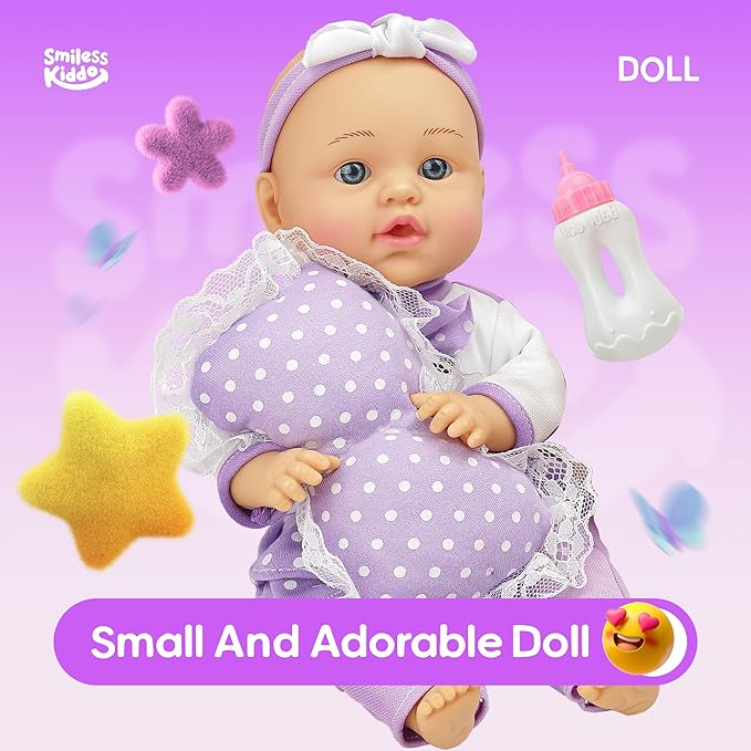SMILESSKIDDO Baby Doll with Accessories, 12" Dolls Playset with Washable Carrier Bassinet Bed, Bottle, Blanket, and Pillow, Soft Body Baby Dolls for 2+ Year Old Girls