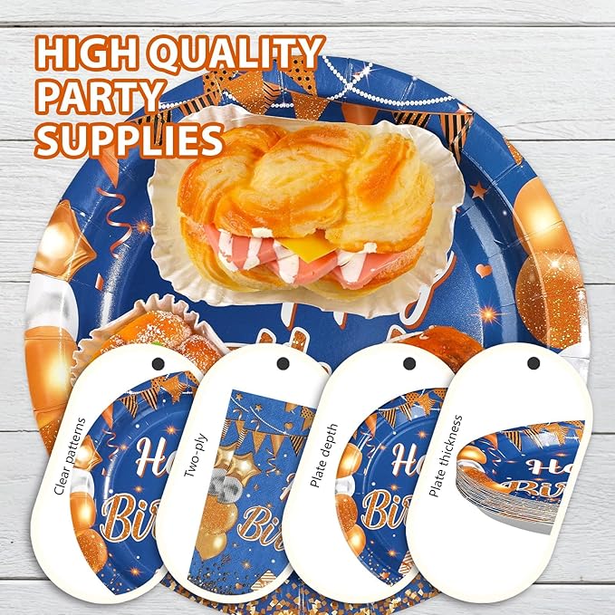 96 Pcs Happy Birthday Party Decorations Blue and Orange Plates and Napkins Disposable Navy Blue Orange Tableware Set for Boys Girls Men Women Birthday Anniversary Party Supplies Serves 24