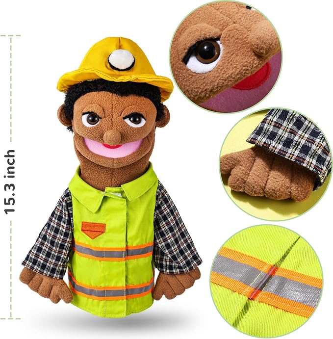 Role Play Hand Puppets Hand Plush Chef Doctor Fireman Pirate Detective Athlete Nurse Worker Hand Puppet Toys Puppets for Kids Storytelling Imaginative Pretend Play Teaching Preschool(Worker)