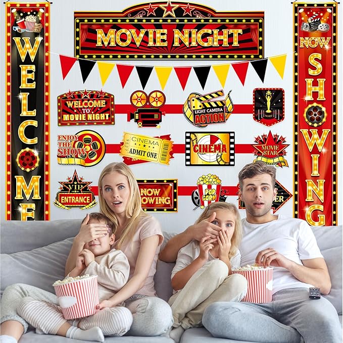 ShinyRelief 14 Pcs Movie Night Decorations Set Welcome Now Showing Door Banners Movie Theme Directional Signs for Home Film Red Carpet Event Awards Night Background Ceremony Party Supplies
