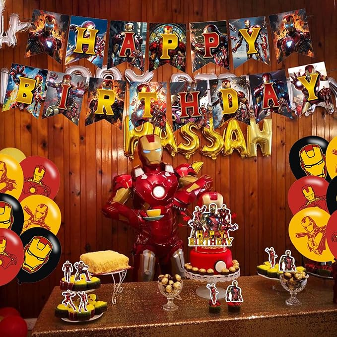 𝓘𝓻𝓸𝓷 𝓜𝓪𝓷 Birthday Party Decorations,Iron Hero Party Supplies Includes Cartoon Iron Hero Birthday Banner Balloons Cupcake Toppers Cake Topper Party Favors
