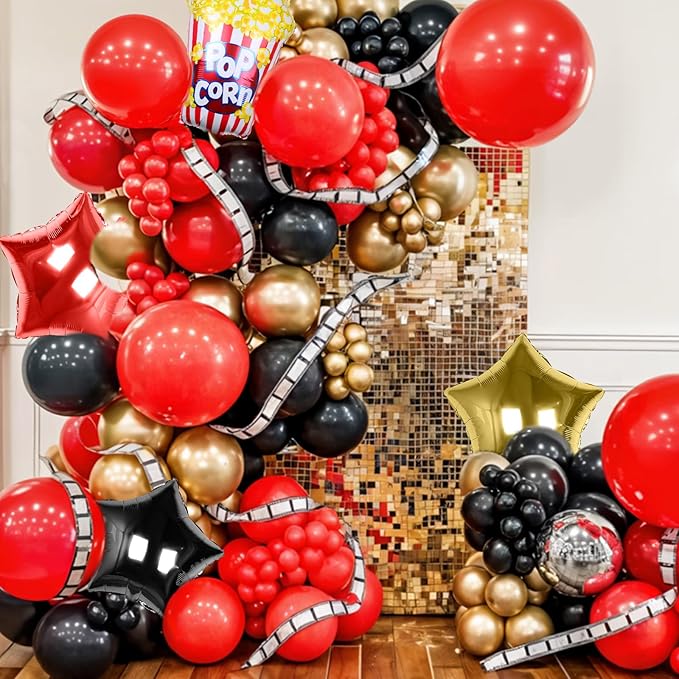 Movie Night Balloon Garland Arch Kit, Red Black Metallic Gold Confetti Balloons with Star Foil Popcorn Balloons for Birthdays Movie Theme Film Party Anniversaries Decorations