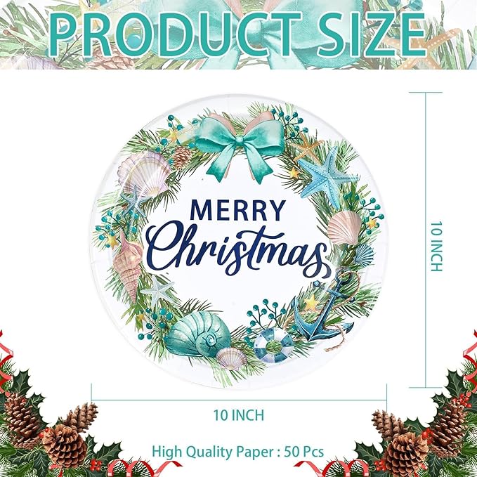50 Pcs Wreath Christmas Paper Plates 10" Large Disposable Seashell Beach Platters Blue Coastal Style Decorations for Ocean Merry Christmas Festive Xmas Theme Holiday Birthday Party Supplies