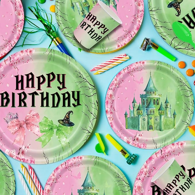 142pcs Pink and Green Witch Party Decorations Tableware, Witch Table Centerpieces Party Supplies, Tableware Set Paper Cups for Girls Birthday Party Decorations Severs 20 Guests