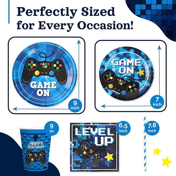 Video Game Birthday Party Decorations, 120Pcs Gaming Party Supplies Disposable and Engaging Tableware Includes Paper Plates, Napkins, Cups and Straws | Serves 24