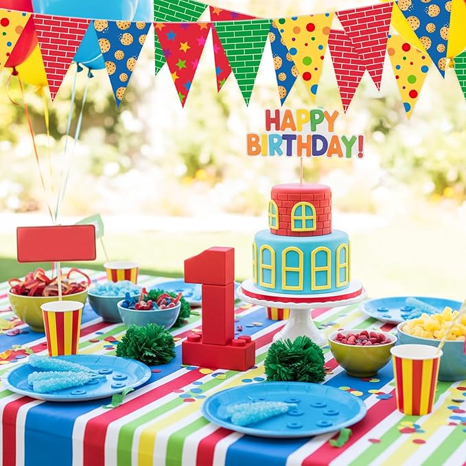 Tiamon 5 Pcs Red Brick Wall Birthday Banner Decoration Yellow Blue and Green Pennant Bunting 49.2 Ft Modern Red Brick Triangle Flag for Boy Cartoon Birthday Carnival Party Decoration