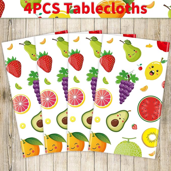 4 Pack Fruit Tablecloth Tutti Fruit Party Decorations Lemon Watermelon Strawberry Disposable Table Cloth Summer Theme Birthday Table Covers for Hawaiian Baby Shower Dancing Luau Supplies 51X86IN