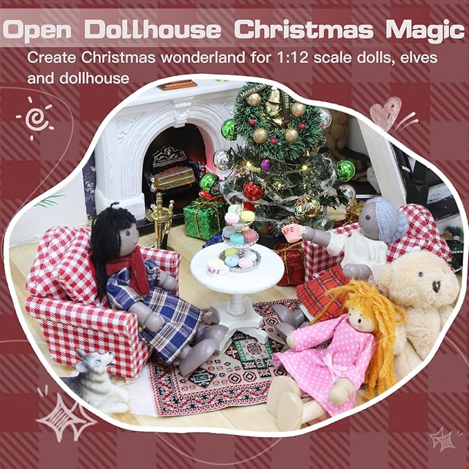 iLAND Cute Kids Toys for Girls 6-8 Lovely Dollhouse Furniture on 1/12 Scale Gingham Doll House Couch Set inc 2 Miniature Sofas 1 End Table 1 Rug Small for Girls